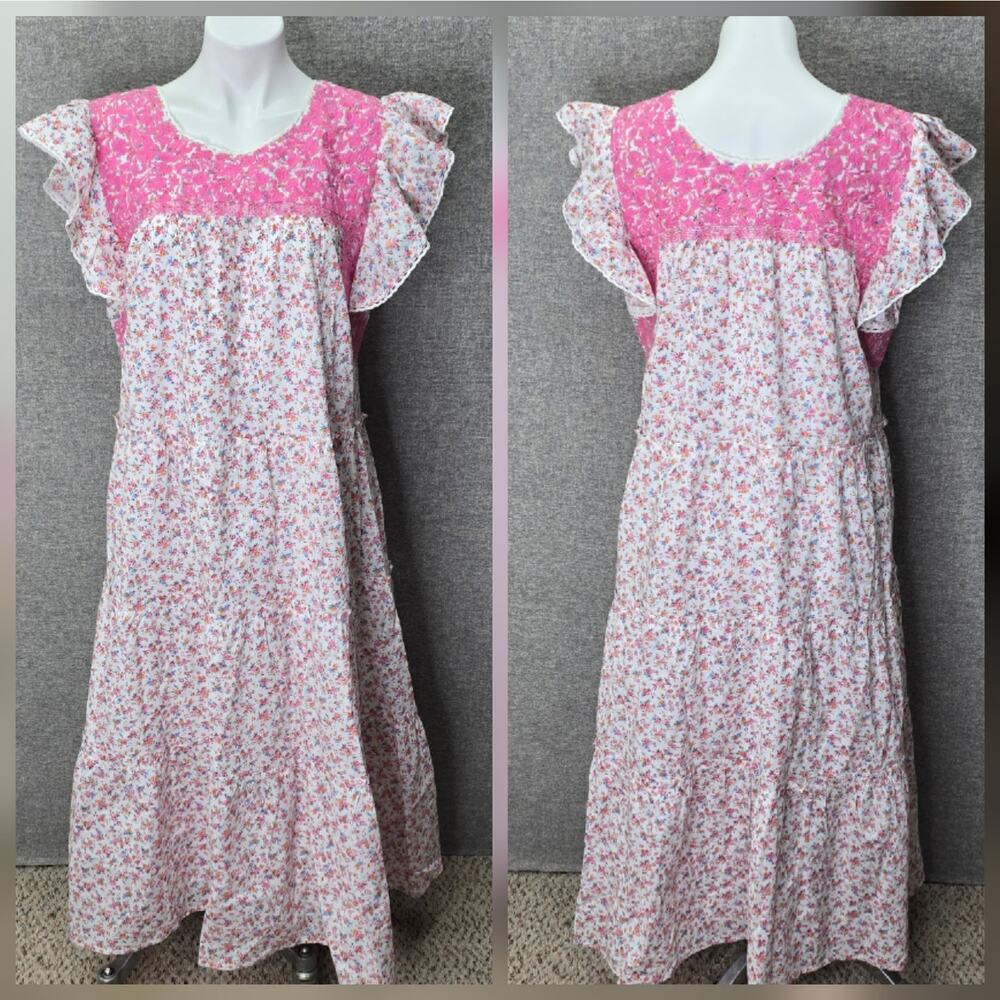J.MARIE TIERED EMBROIDERED MIDI DRESS, SIZE XL